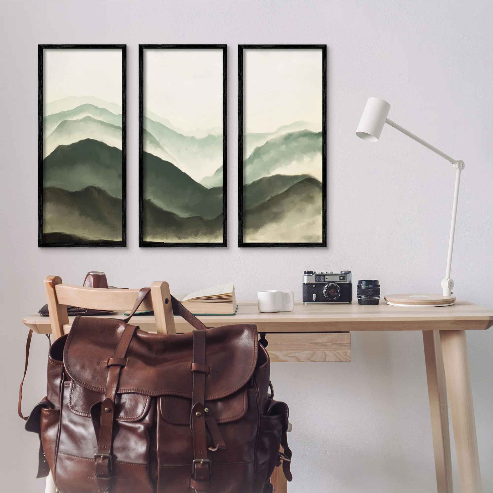 Foggy Mountains Scenery Watercolor Soft Brush Painting Framed On Wood 3 Pieces thumbnail 2