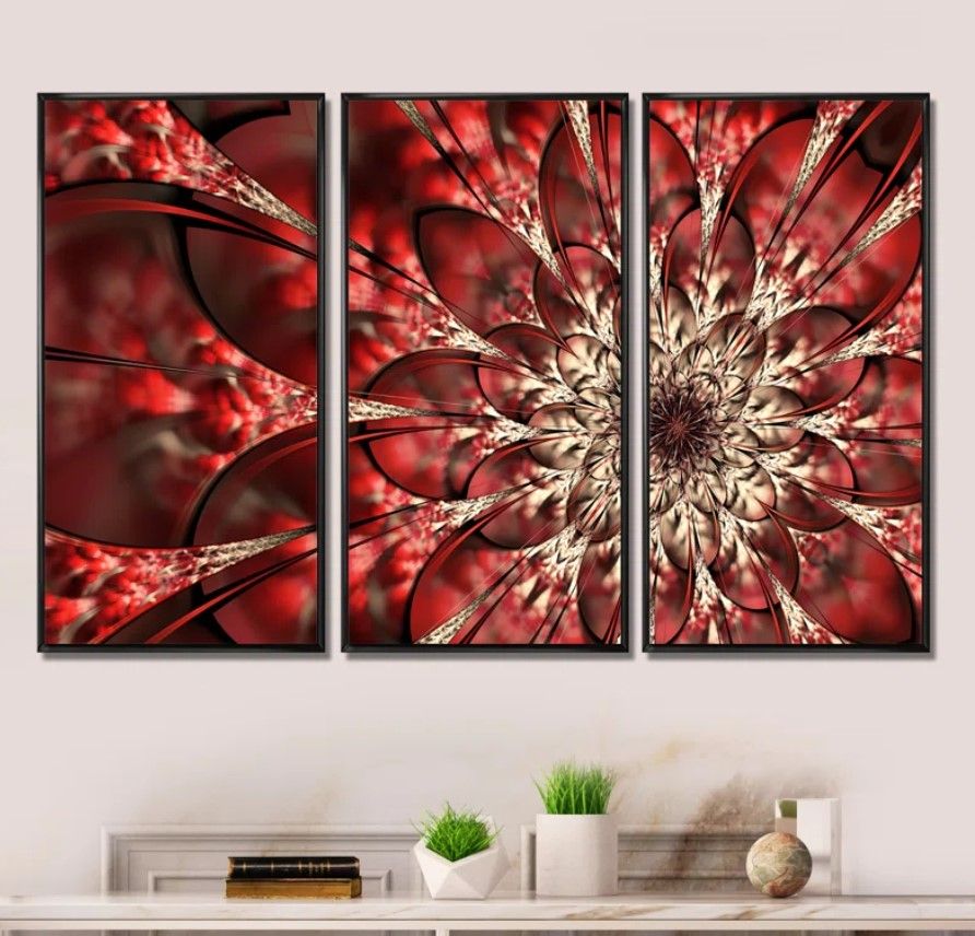 Red Symmetrical Flowers Pattern Framed On Canvas 3 Pieces Print thumbnail 2
