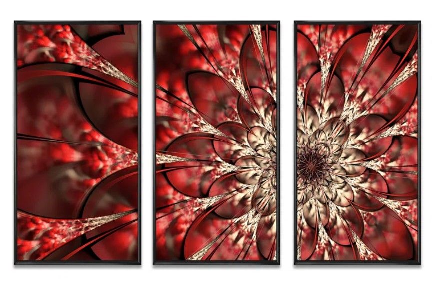 Red Symmetrical Flowers Pattern Framed On Canvas 3 Pieces Print thumbnail 3