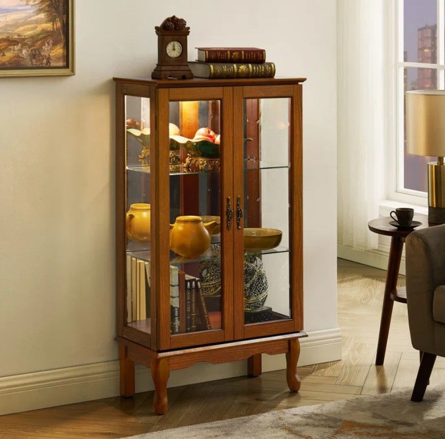 Cenia Lighted Curio Cabinet with Adjustable Shelves and Mirrored Back Panel thumbnail 2