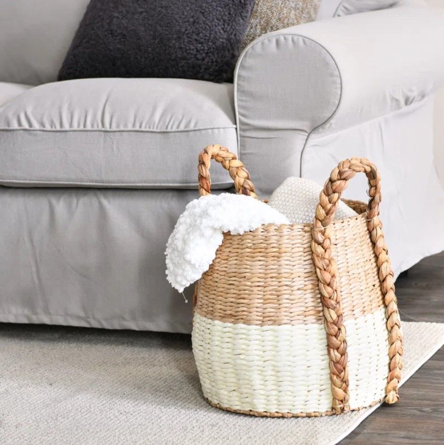 Cattail and Paper Terra Basket Two Tone Wicker Basket with Handles thumbnail 2