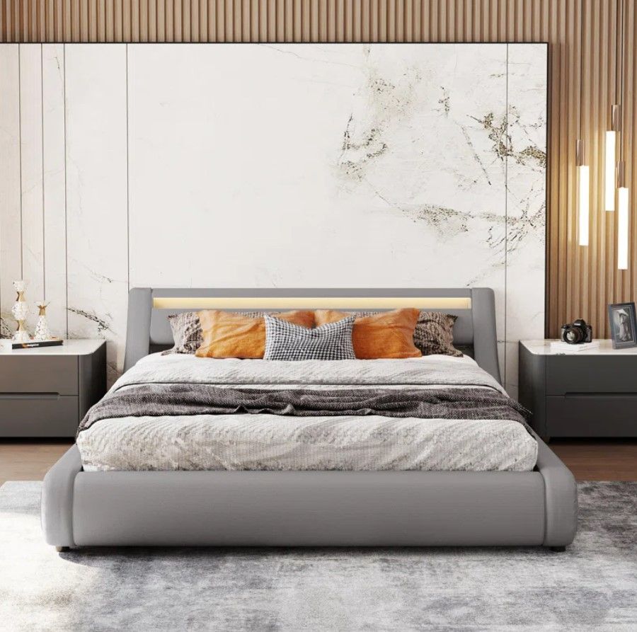 Tevaris Vegan Leather Metal Sleigh Storage Bed thumbnail 2