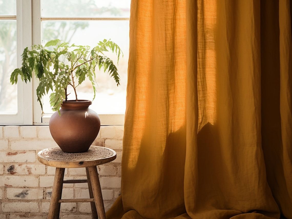 Ochre regular and blackout linen curtains  thumbnail 2