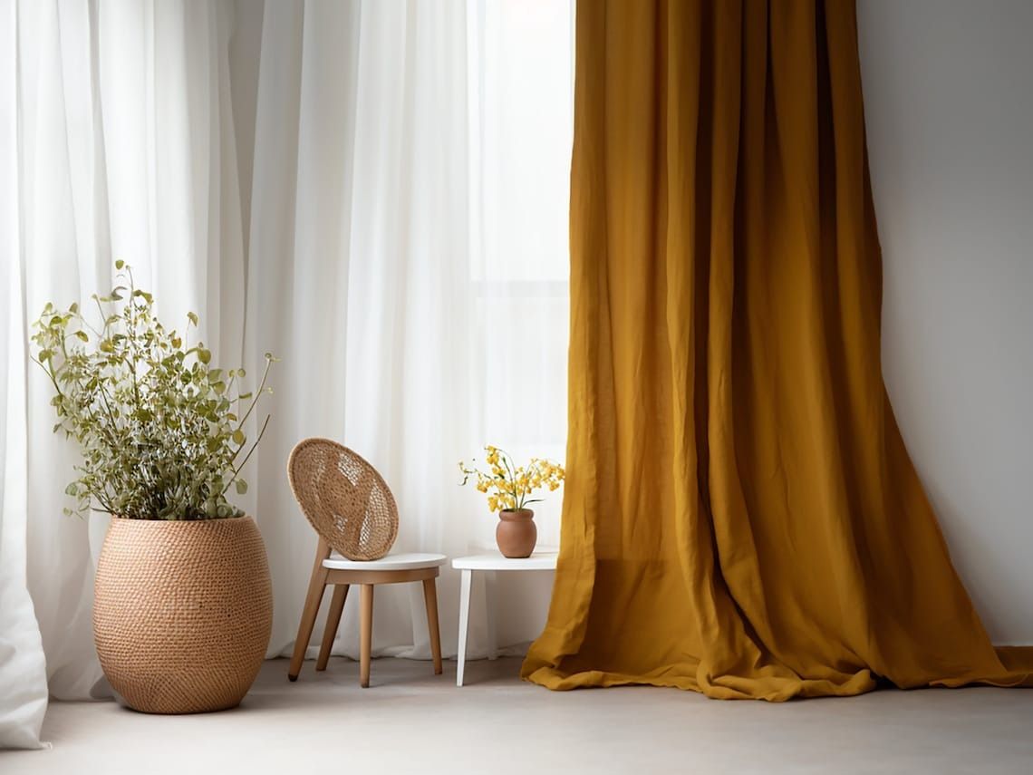 Ochre regular and blackout linen curtains  thumbnail 3