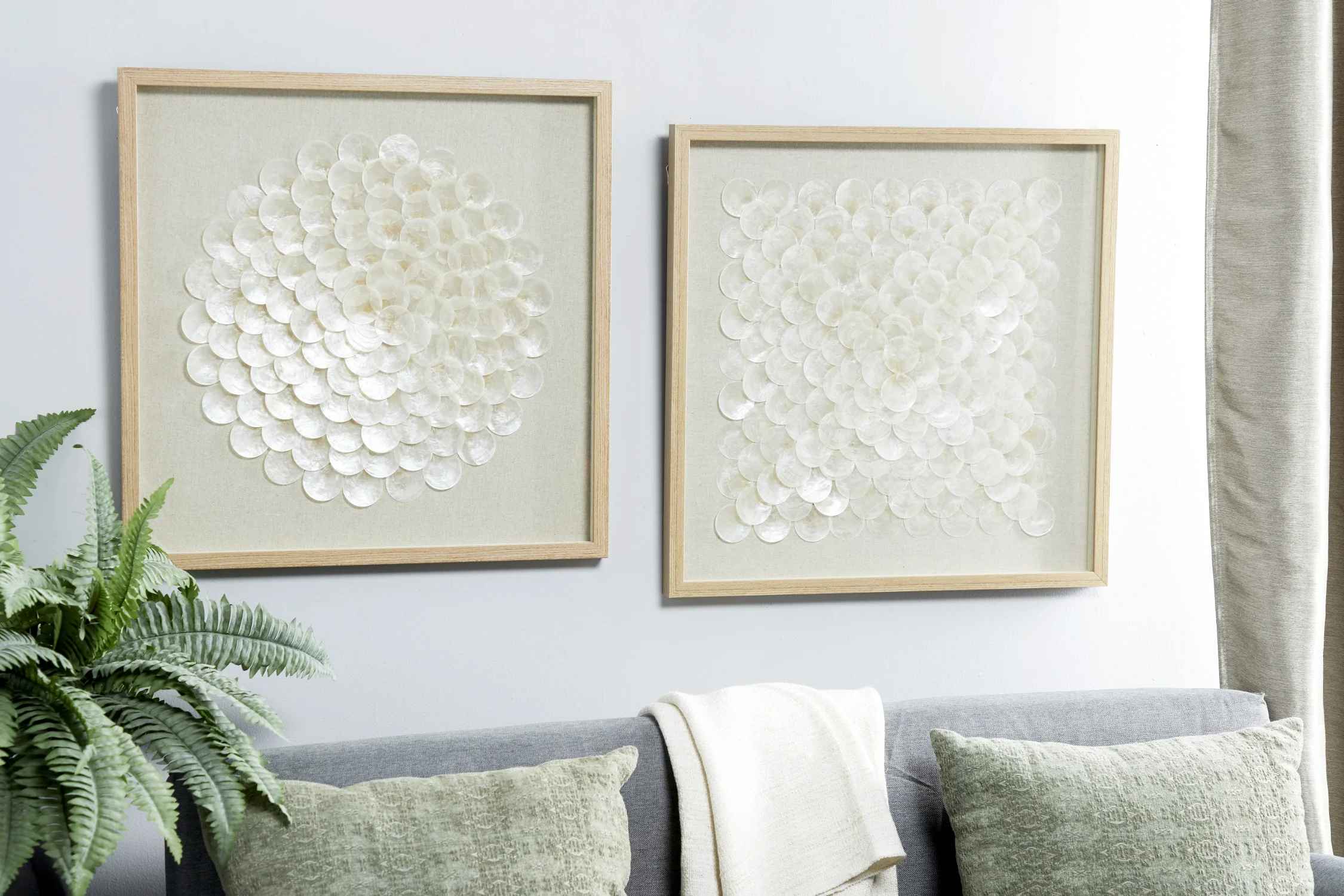 2 Piece Cream Shell Handmade Overlapping Shells Geometric Shadow Box with Canvas Backing-1 thumbnail 2