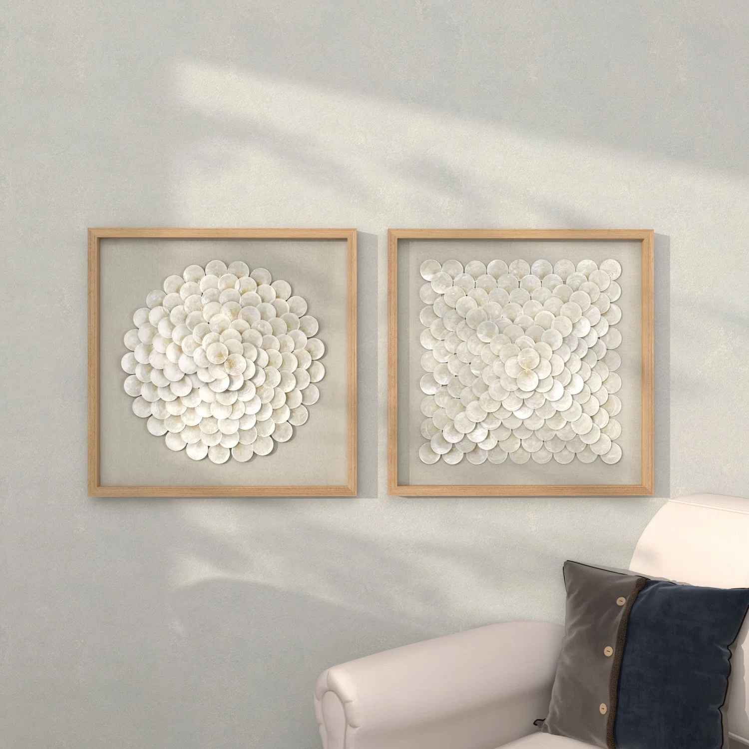 2 Piece Cream Shell Handmade Overlapping Shells Geometric Shadow Box with Canvas Backing-1 thumbnail 6