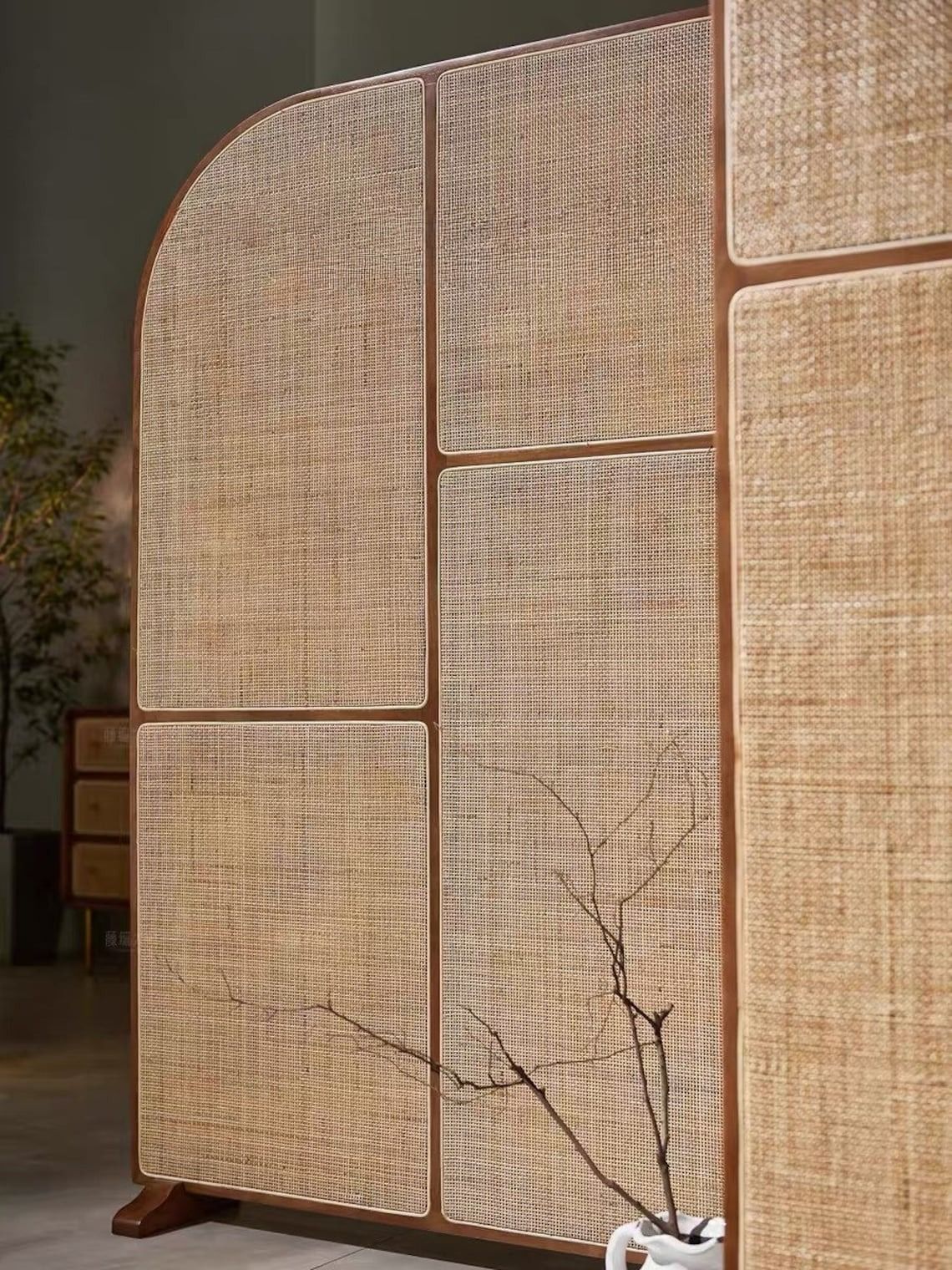 Mid Century Modern Wood Webbing Cane Panel Wall Divider Panel thumbnail 3
