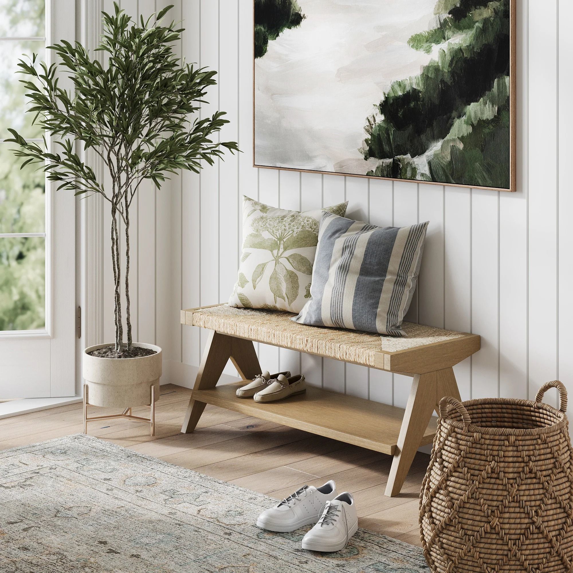 Wood and Seagrass Entryway Bench with Shelf thumbnail 2