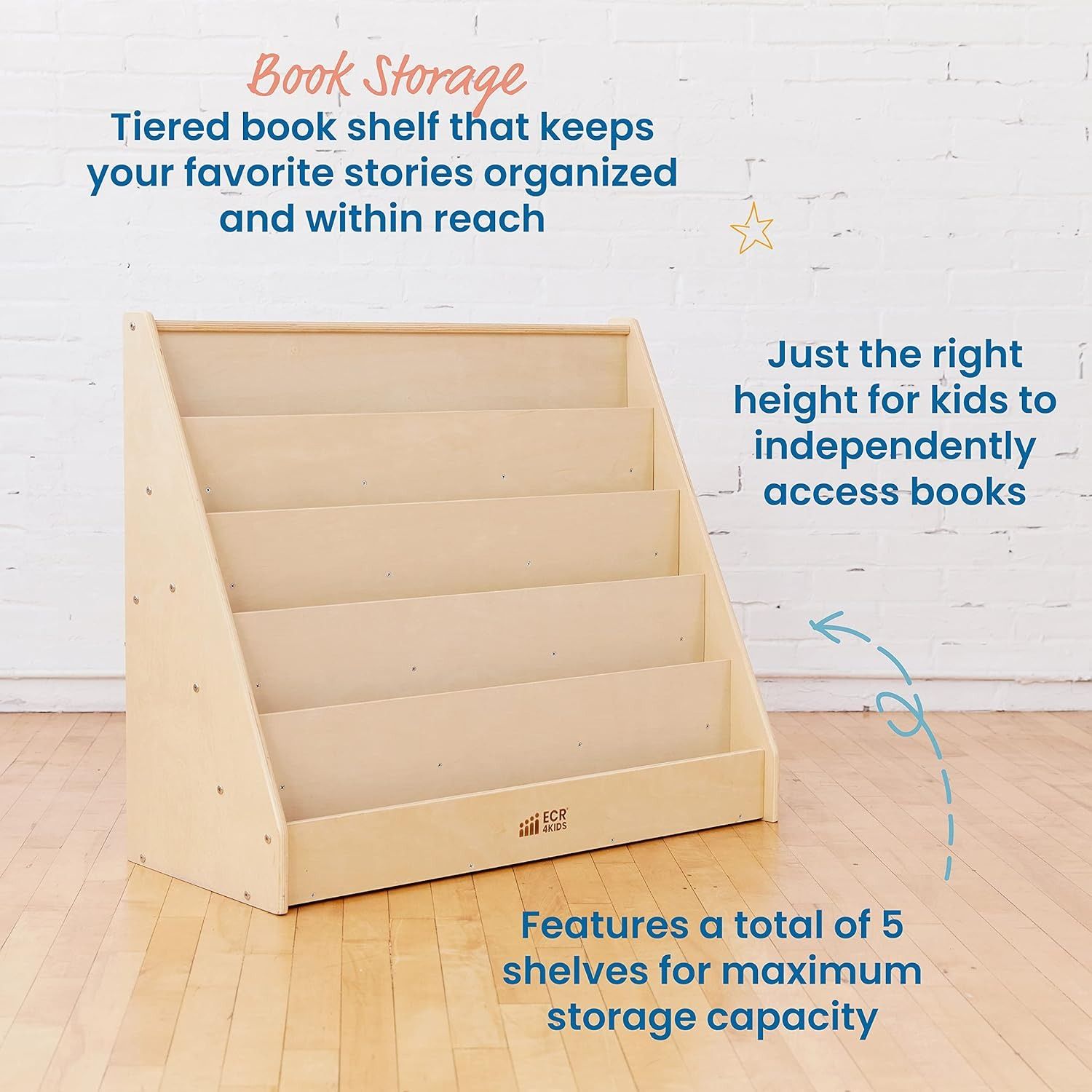 Kids Single-Sided Book Display, Classroom Bookshelf, Natural thumbnail 3