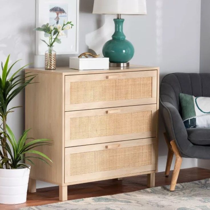 Sebille Wood with Natural Rattan 3 Drawer Storage Chest thumbnail 2