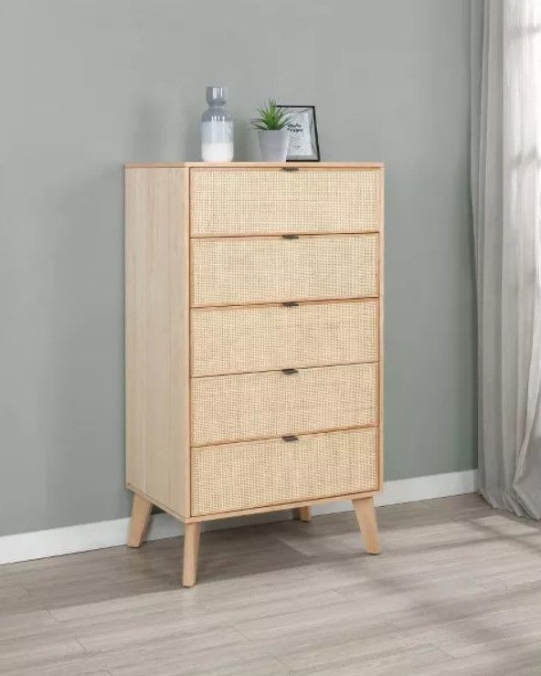 Chancery Boho Wood Ratan 5 Drawer Chest Dresser Natural  thumbnail 2