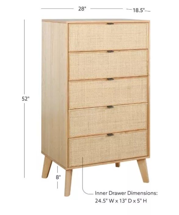 Chancery Boho Wood Ratan 5 Drawer Chest Dresser Natural  thumbnail 4