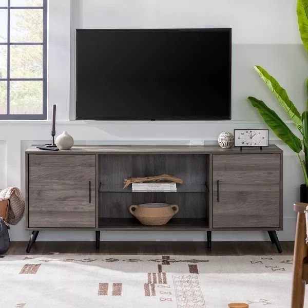 2 Door Mid-Century Modern Wood Storage TV Stand thumbnail 2