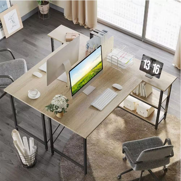 Oak L Shaped Desk with Adjustable Shelves thumbnail 2
