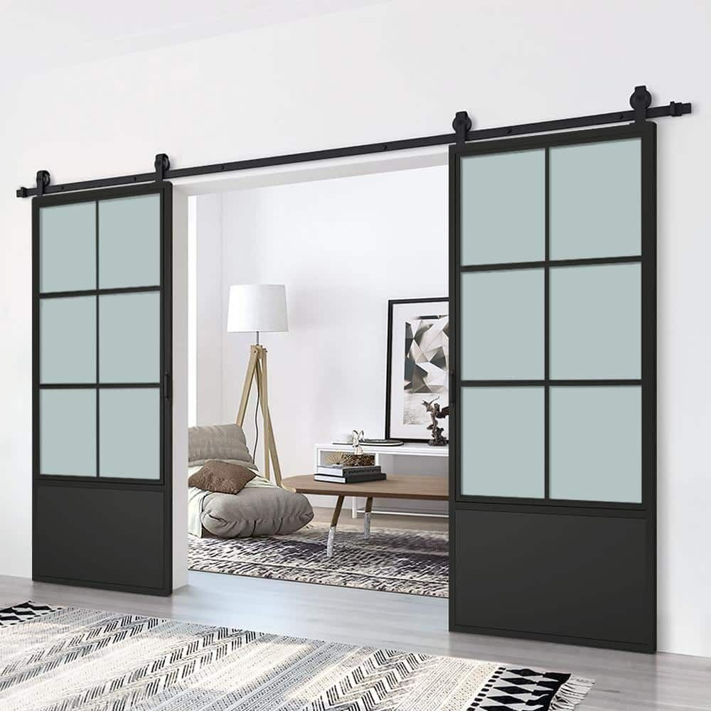 Frosted Glass Black Steel Frame Interior Double Sliding Barn Door with Hardware Kit thumbnail 2