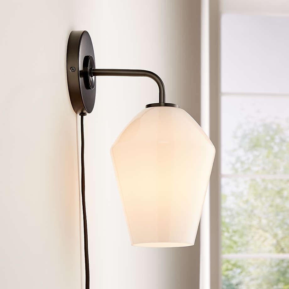 Arren Brass Plug In Wall Sconce Light with Milk Angled Shade thumbnail 5