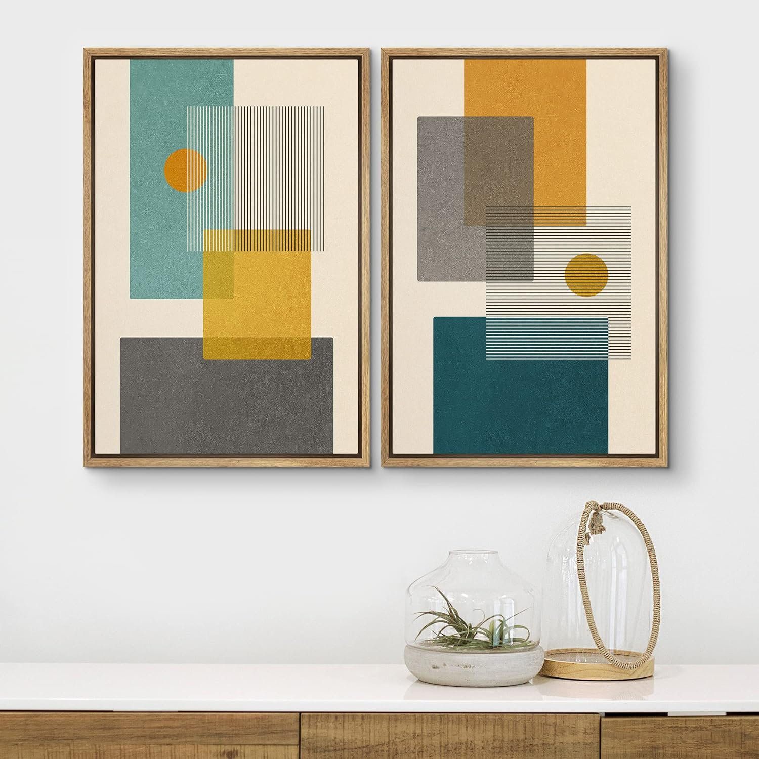 Mid-Century Green And Yellow Polygon Collage Abstract Shapes Modern 2 Pieces on Canvas thumbnail 2