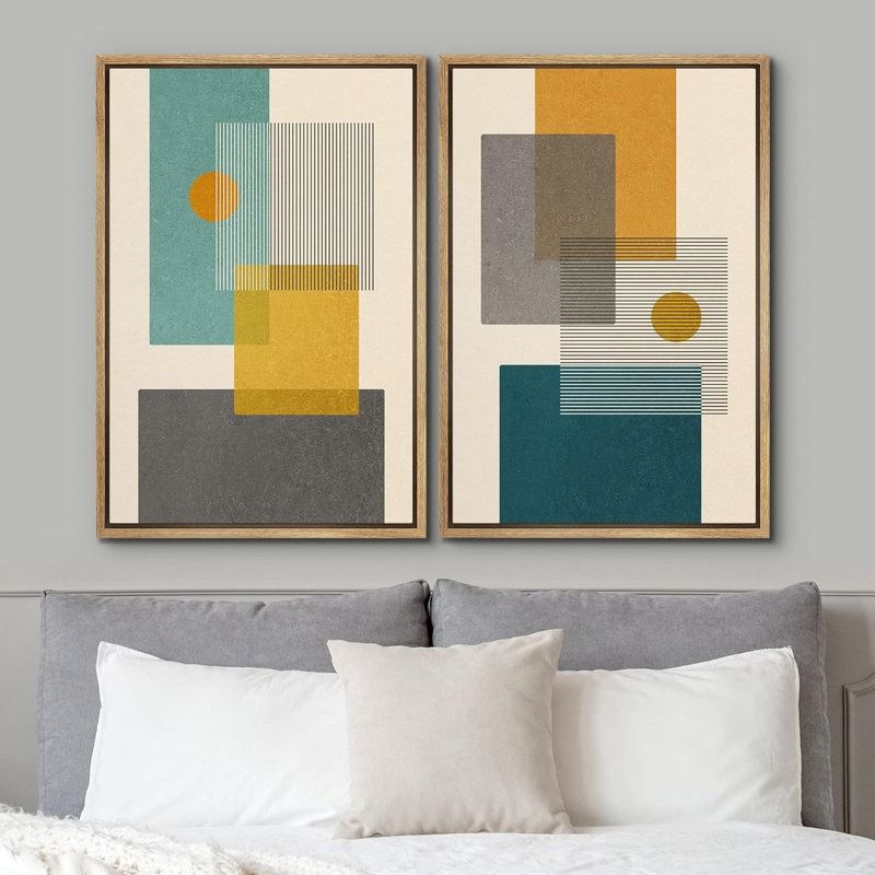 Mid-Century Green And Yellow Polygon Collage Abstract Shapes Modern 2 Pieces on Canvas thumbnail 4