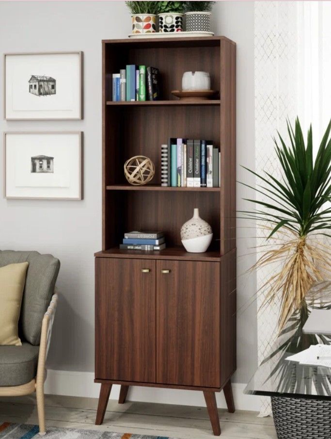 Guthmar Mid Century Modern Tall Bookcase With Adjustable Shelves thumbnail 2