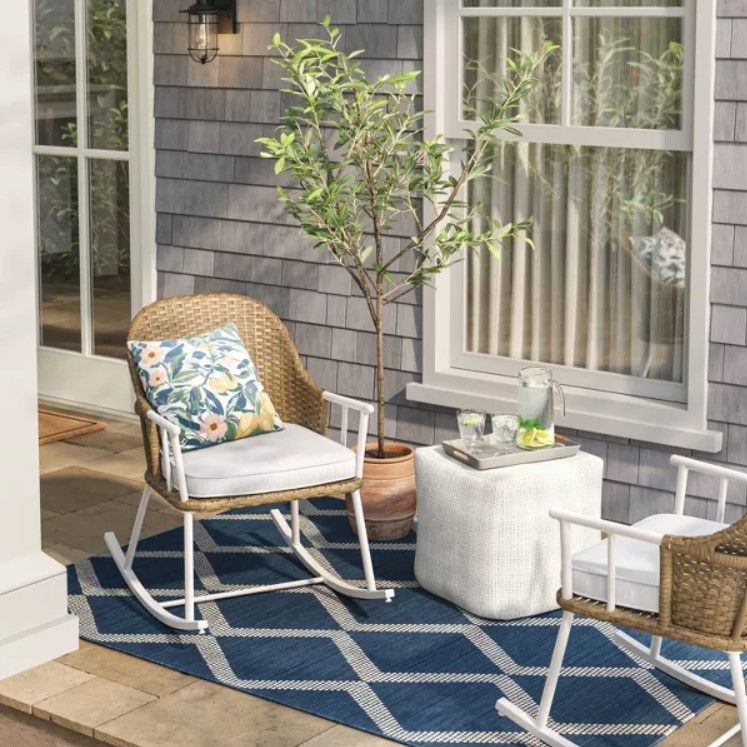 18x18 Chunky Check Outdoor Patio Pouf Cream thumbnail 2
