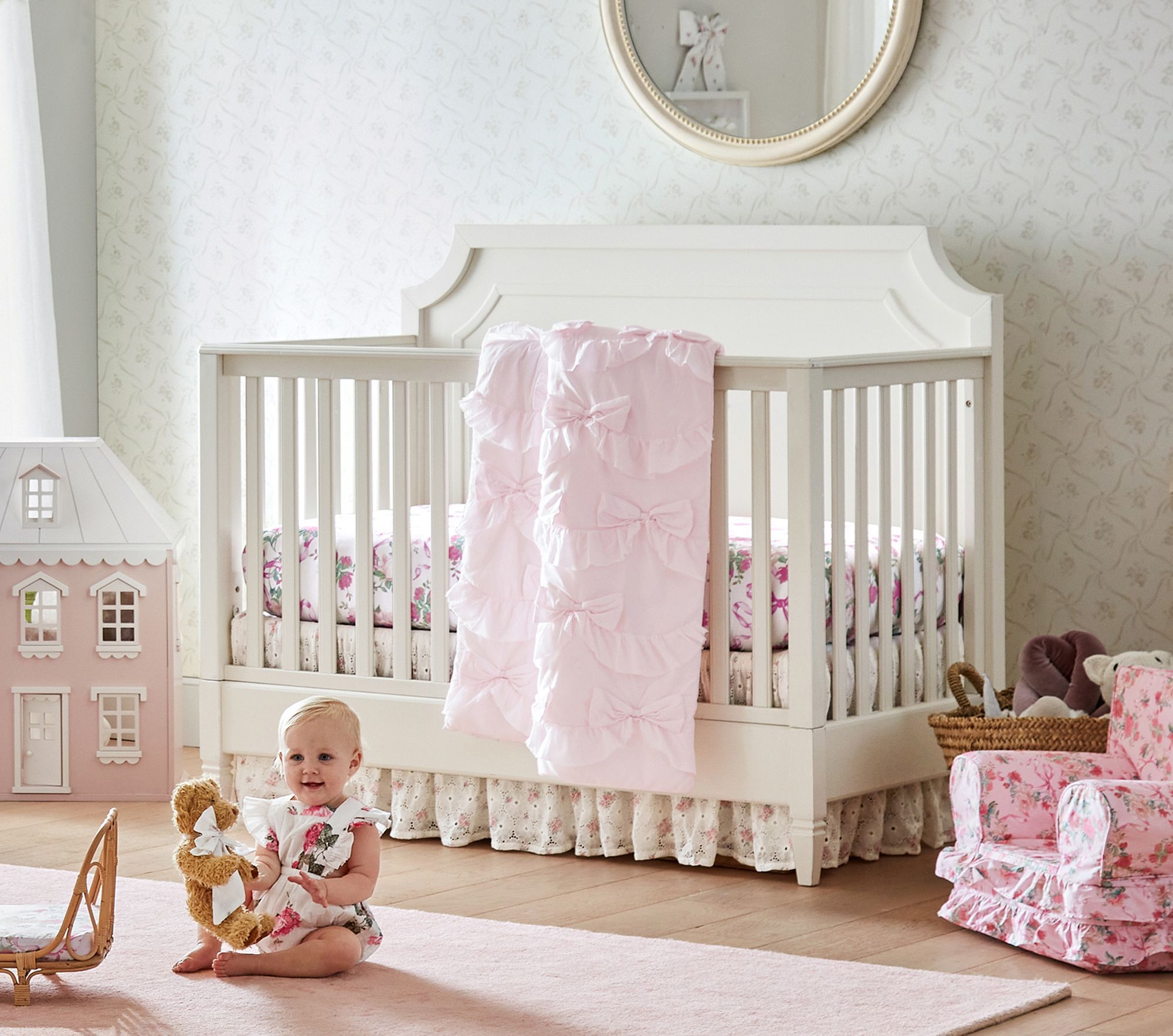 Love Shack Fancy Cabbage Rose Bow Organic Crib Fitted Sheet thumbnail 2