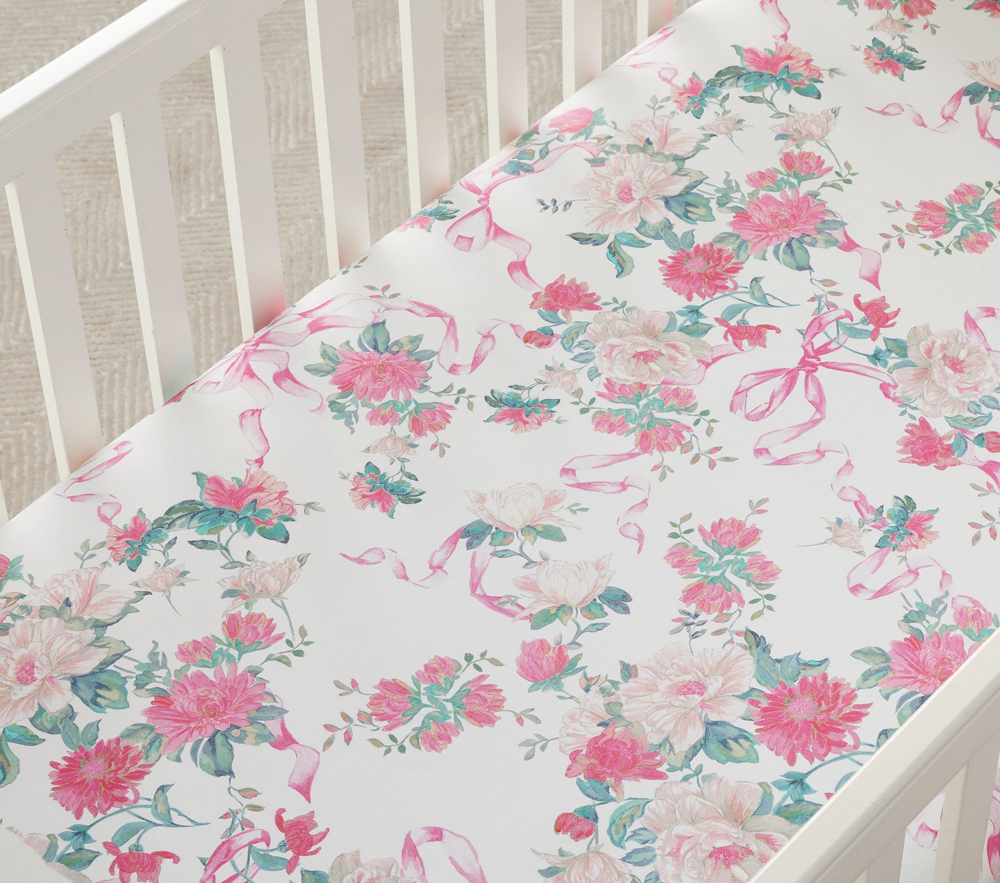 Love Shack Fancy Cabbage Rose Bow Organic Crib Fitted Sheet thumbnail 3