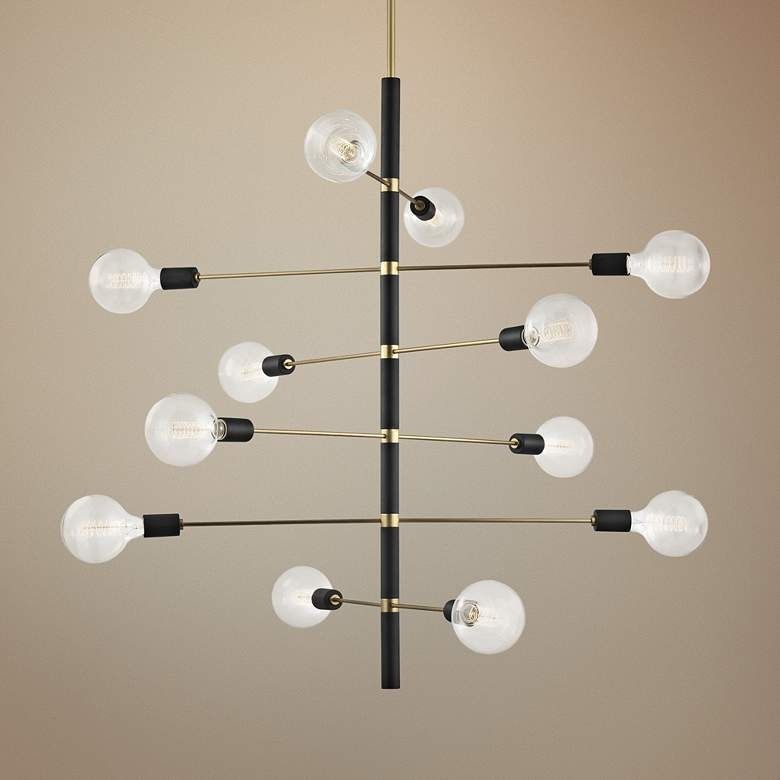 Wide Aged Brass and Black 12-Light Modern Chandelier thumbnail 3