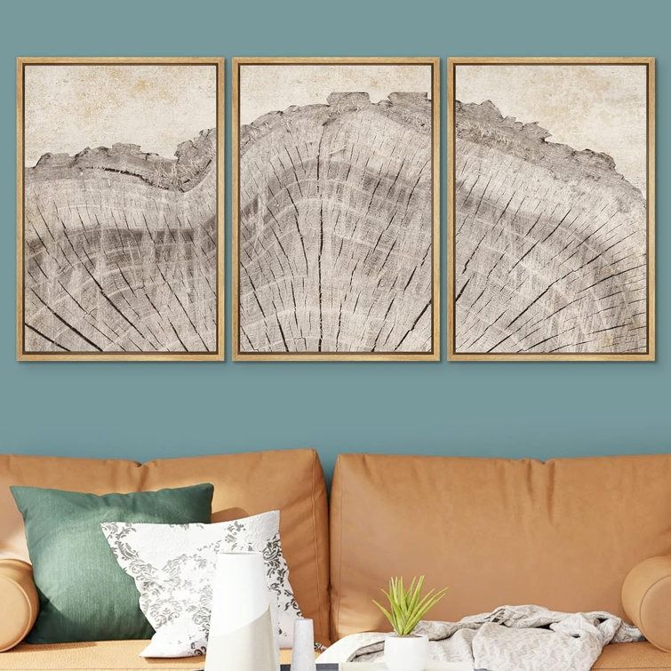 Tree Ring Rustic Oak Wood Farmhouse Decor Neutral Modern Organic Framed Canvas 3 Piece Print Art thumbnail 4