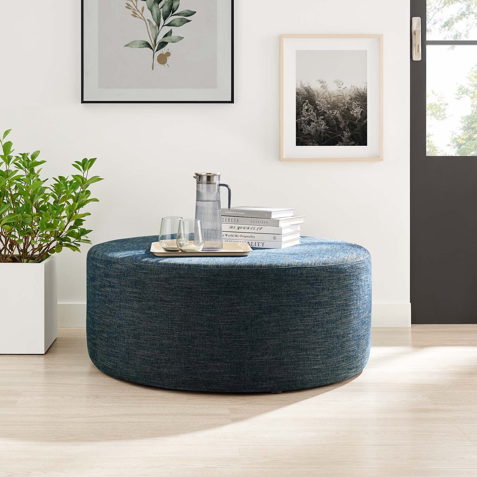 Callum Large 38 Round Woven Heathered Fabric Upholstered Ottoman thumbnail 2