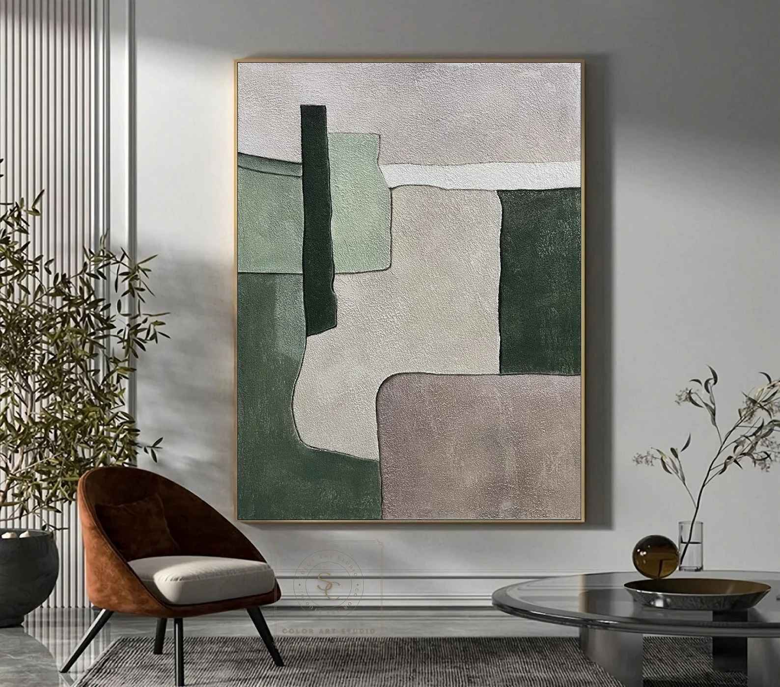 Green Minimalist Painting Beige Wall Art-40"x30" thumbnail 2