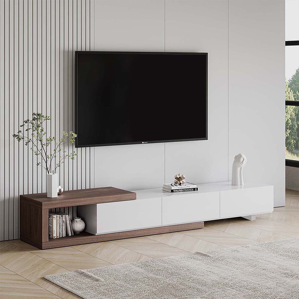 Modern Retractable Wood TV Stand with 3 Drawers thumbnail 2
