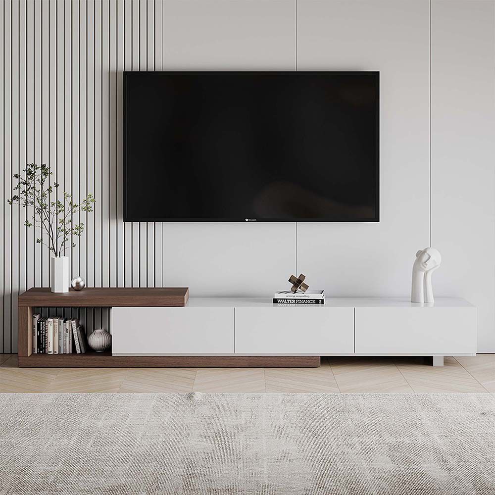 Modern Retractable Wood TV Stand with 3 Drawers thumbnail 3