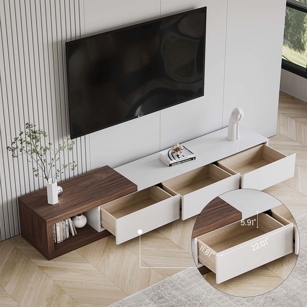 Modern Retractable Wood TV Stand with 3 Drawers thumbnail 4