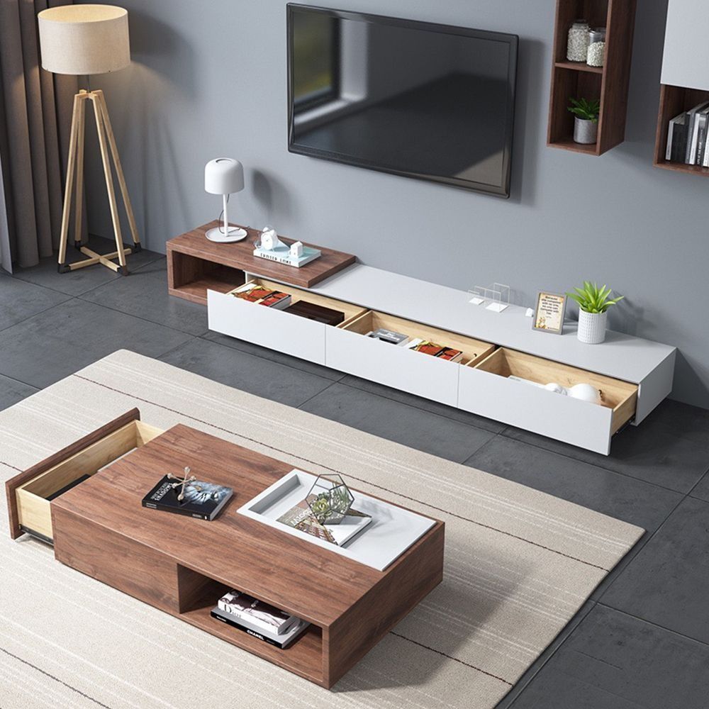 Modern Retractable Wood TV Stand with 3 Drawers thumbnail 6