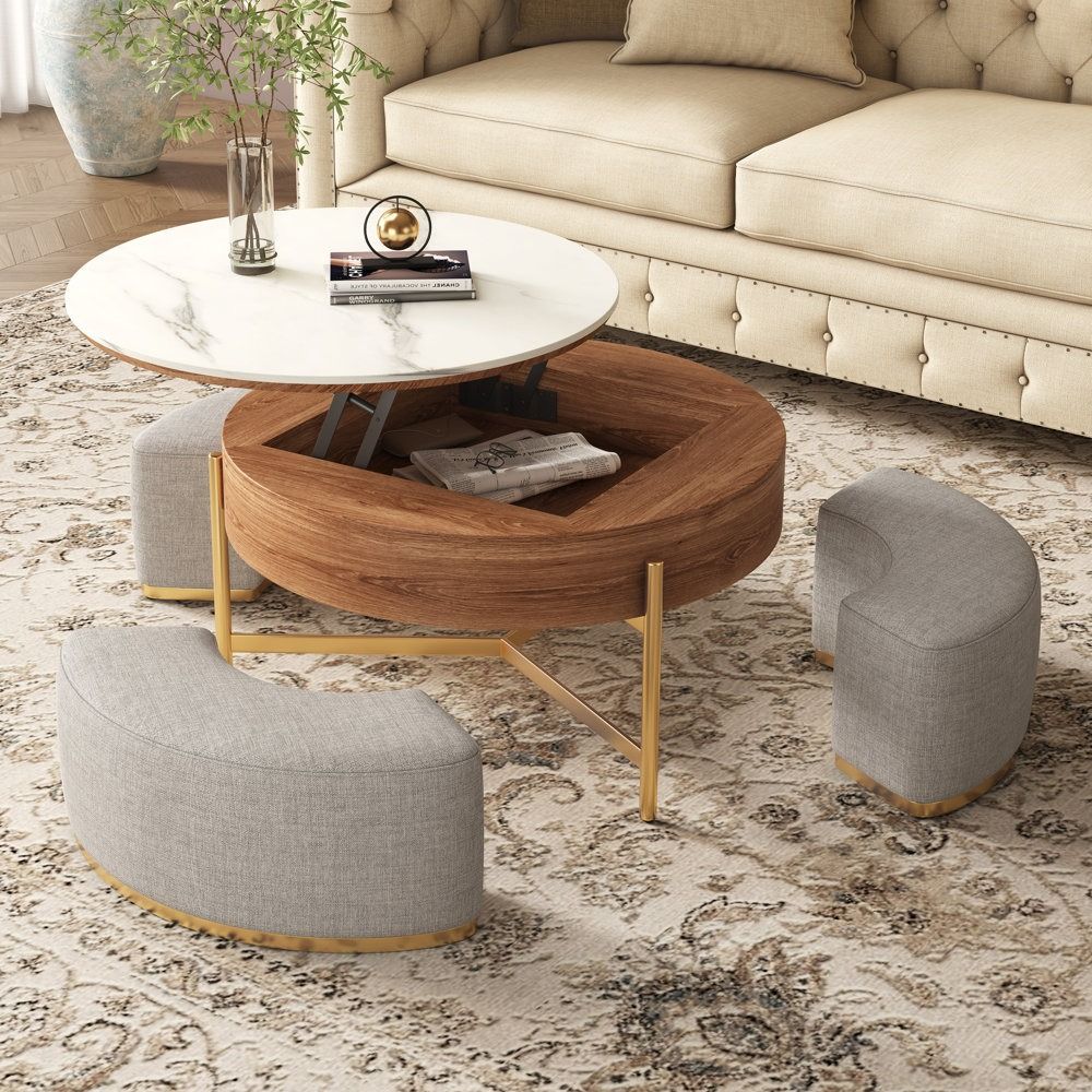 Zinna Lift Top Round Coffee Table Nesting Living Room Table with Storage 3 Stools Included thumbnail 2