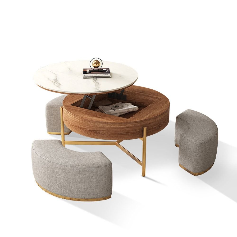 Zinna Lift Top Round Coffee Table Nesting Living Room Table with Storage 3 Stools Included thumbnail 3