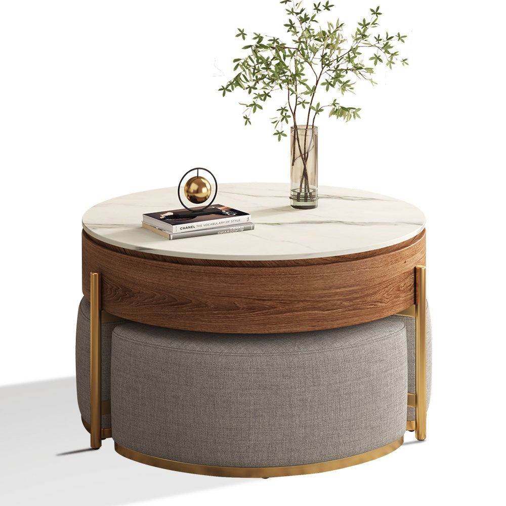 Zinna Lift Top Round Coffee Table Nesting Living Room Table with Storage 3 Stools Included thumbnail 4