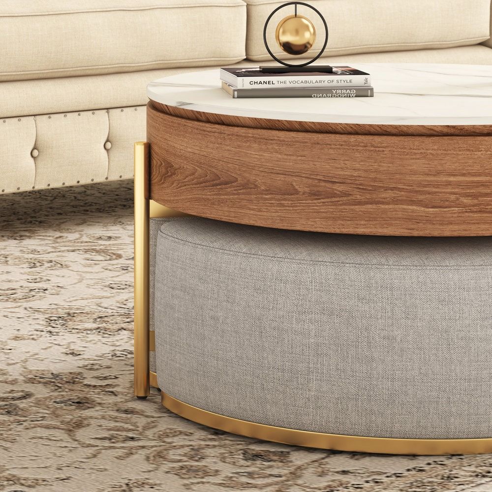 Zinna Lift Top Round Coffee Table Nesting Living Room Table with Storage 3 Stools Included thumbnail 5