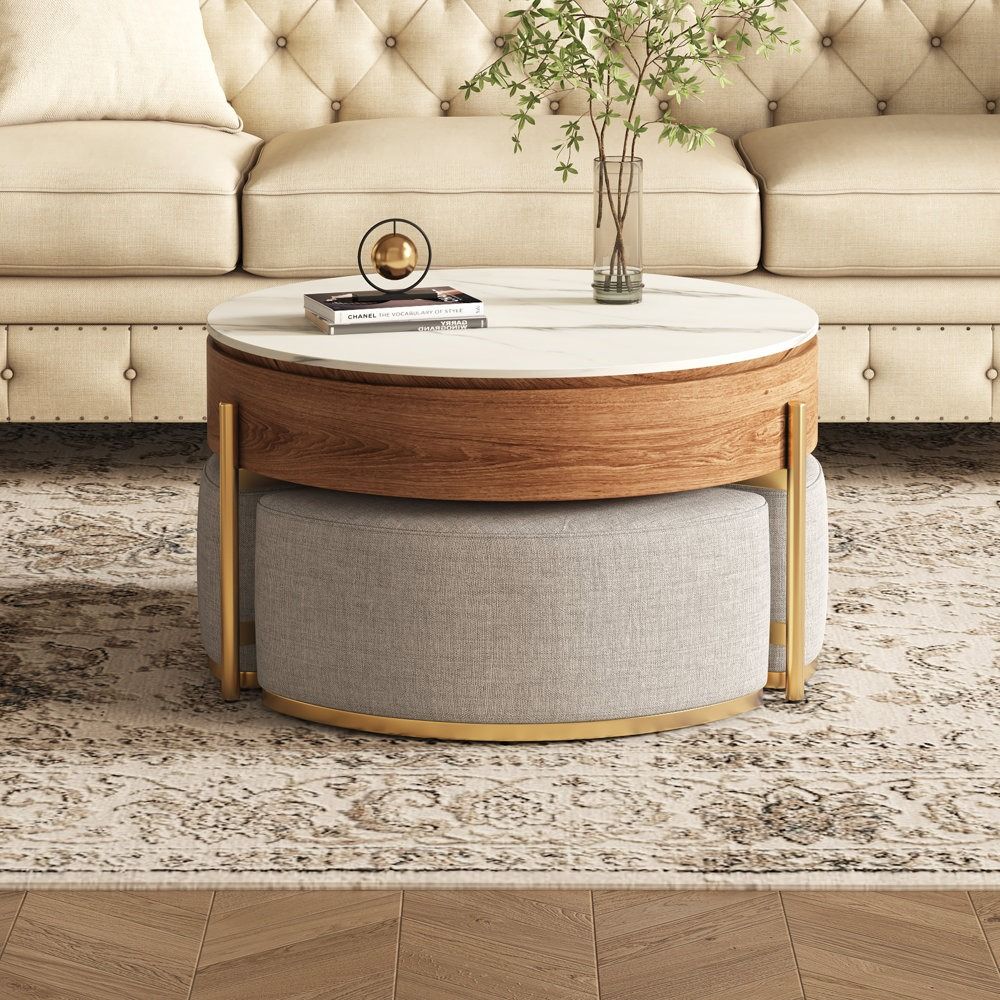 Zinna Lift Top Round Coffee Table Nesting Living Room Table with Storage 3 Stools Included thumbnail 6