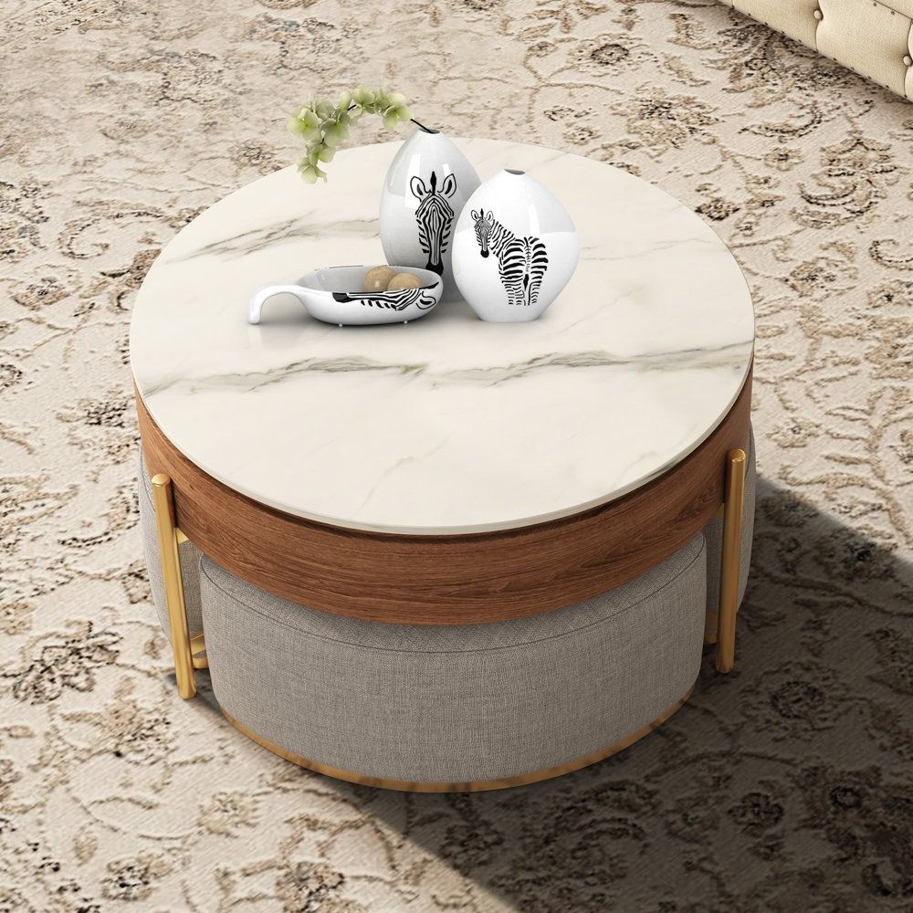 Zinna Lift Top Round Coffee Table Nesting Living Room Table with Storage 3 Stools Included thumbnail 8