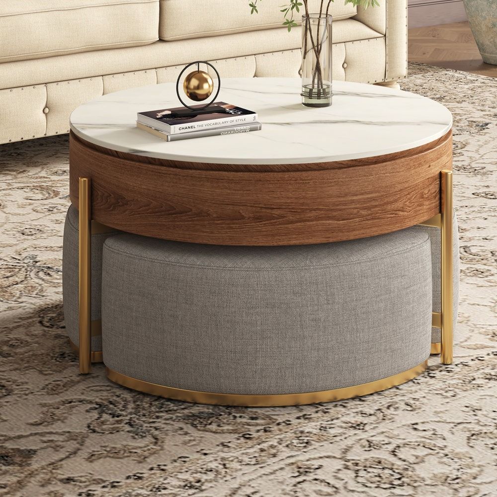 Zinna Lift Top Round Coffee Table Nesting Living Room Table with Storage 3 Stools Included thumbnail 10