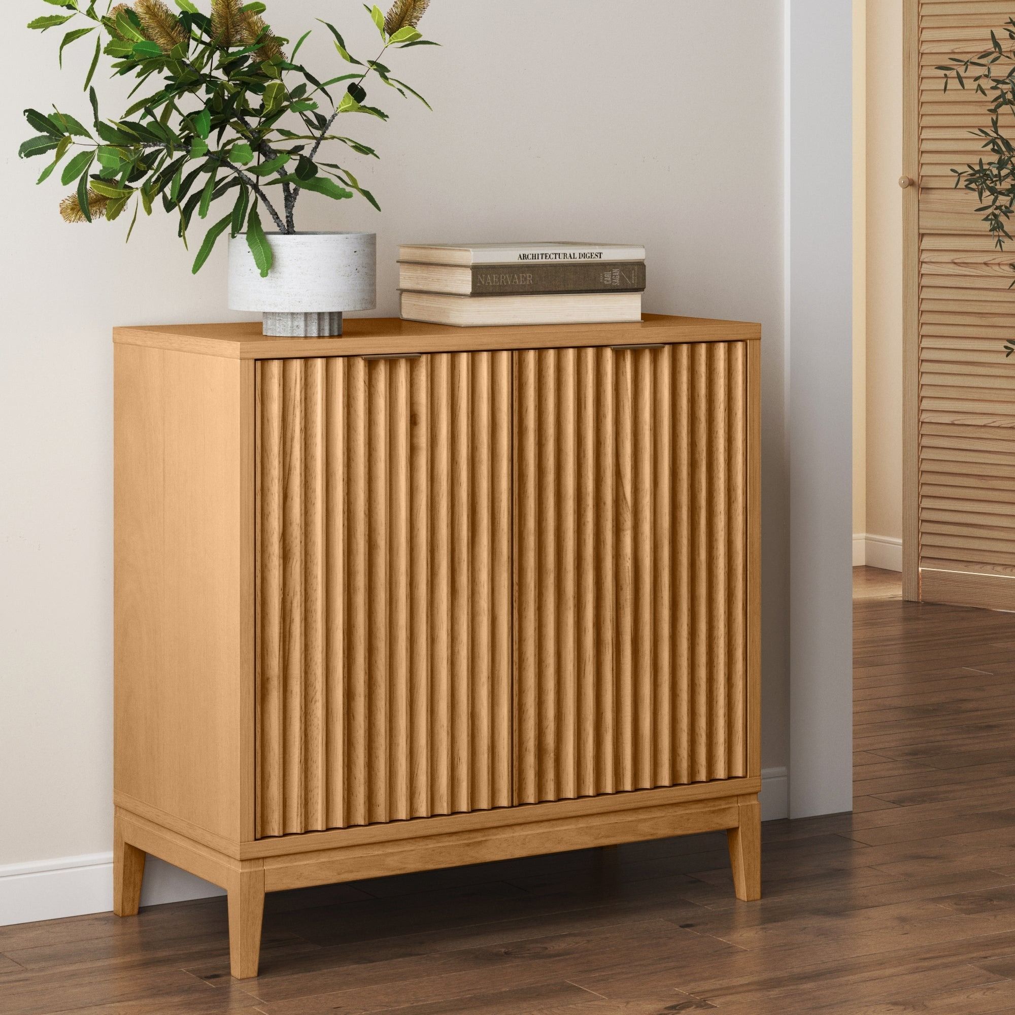Mid-Century Wood Fluted Storage Cabinet Warm Pine thumbnail 2