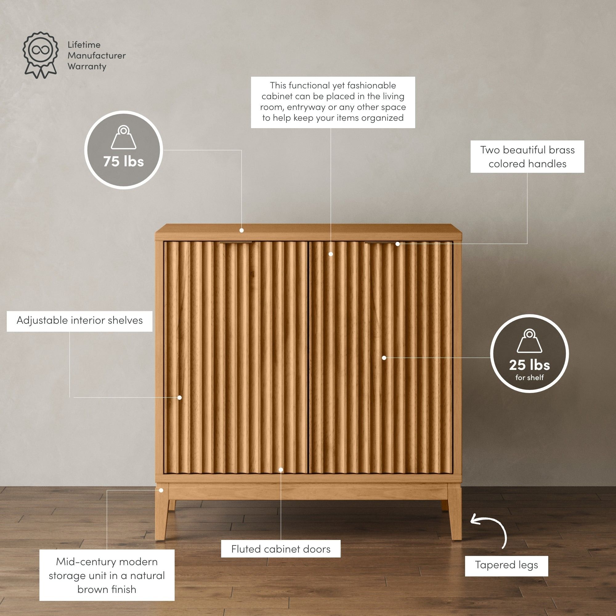 Mid-Century Wood Fluted Storage Cabinet Warm Pine thumbnail 5
