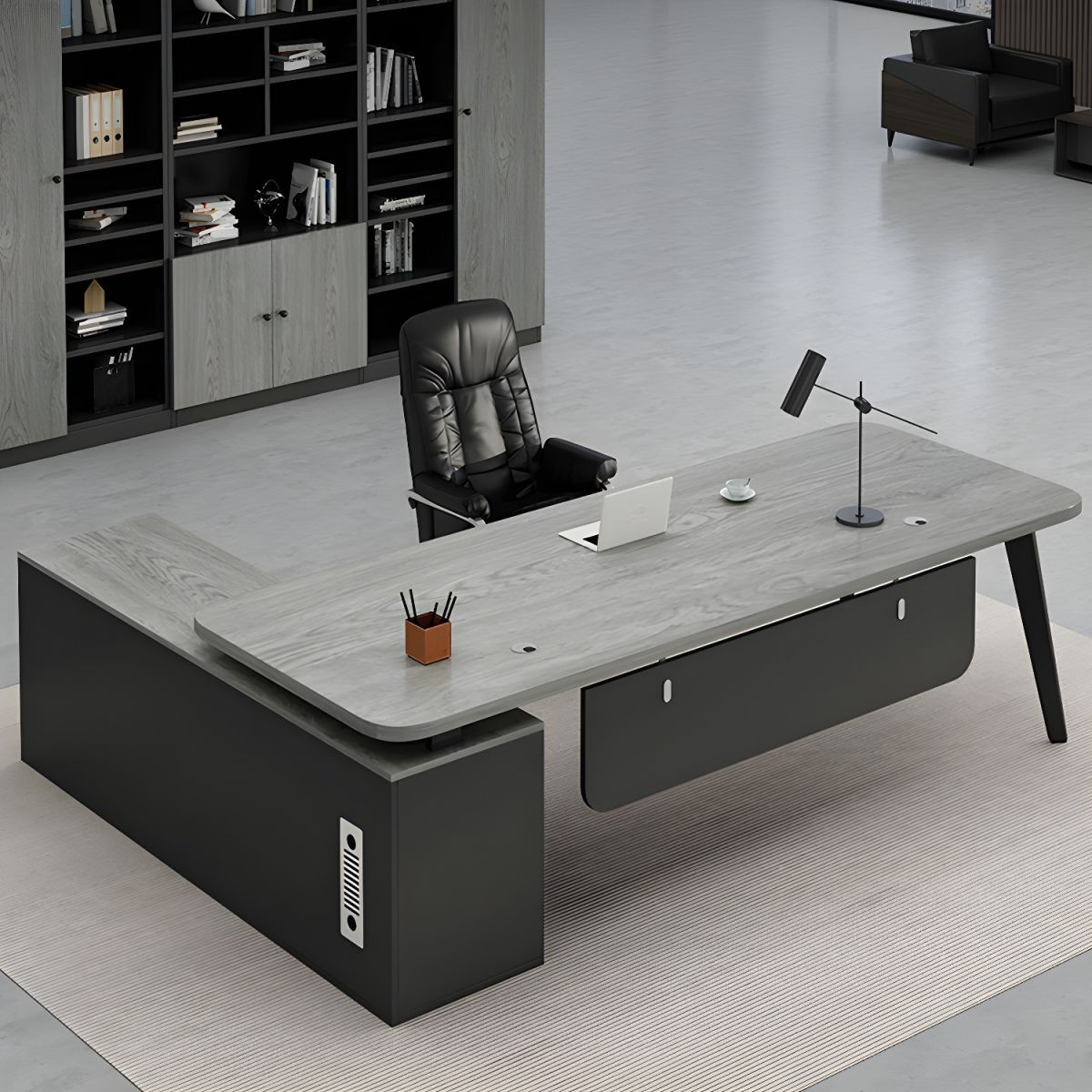 Modern L Shape Executive Desk with Steel Pedestal Base thumbnail 2