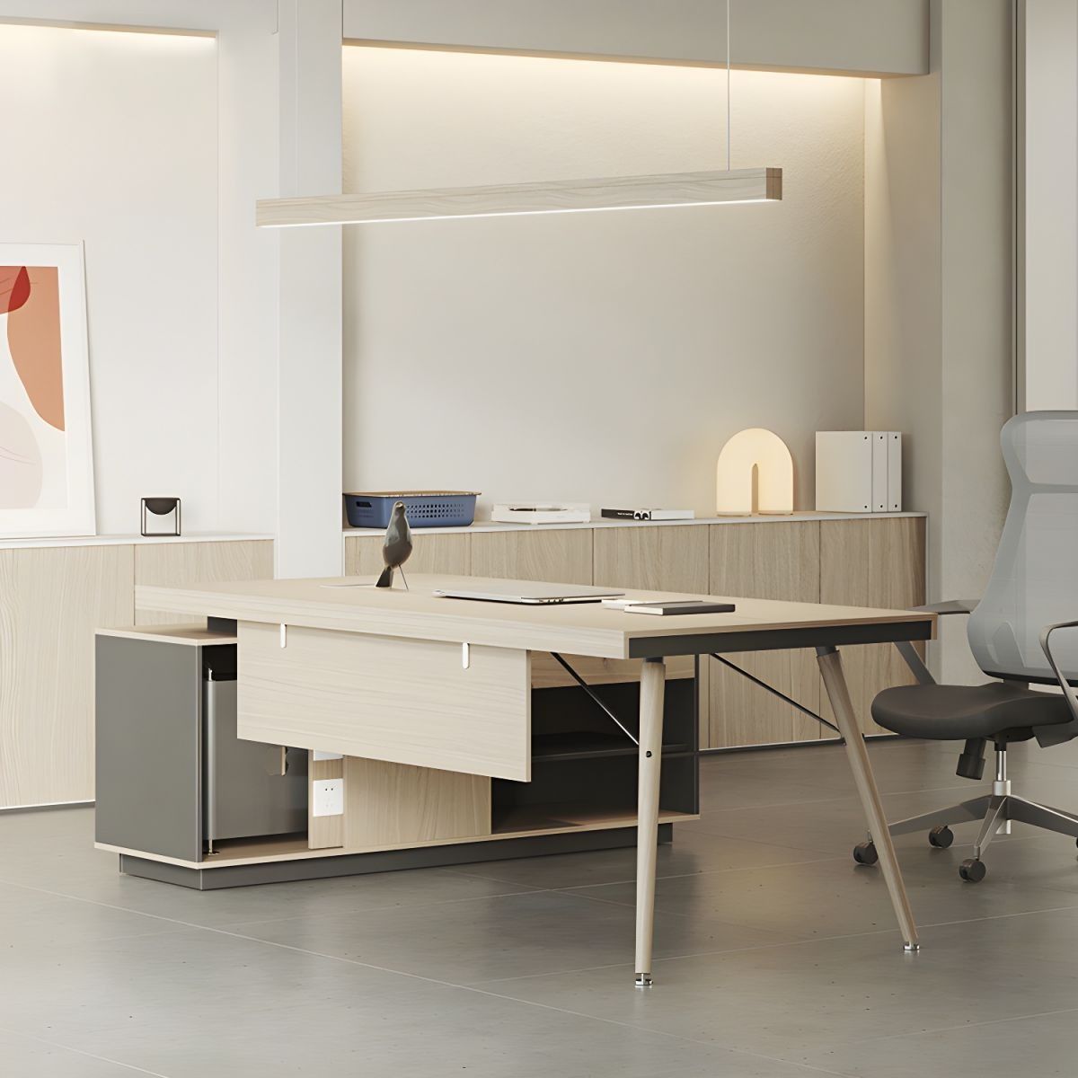 Contemporary Natural Executive Desk Oak L-Shape Wooden Office Desk thumbnail 4