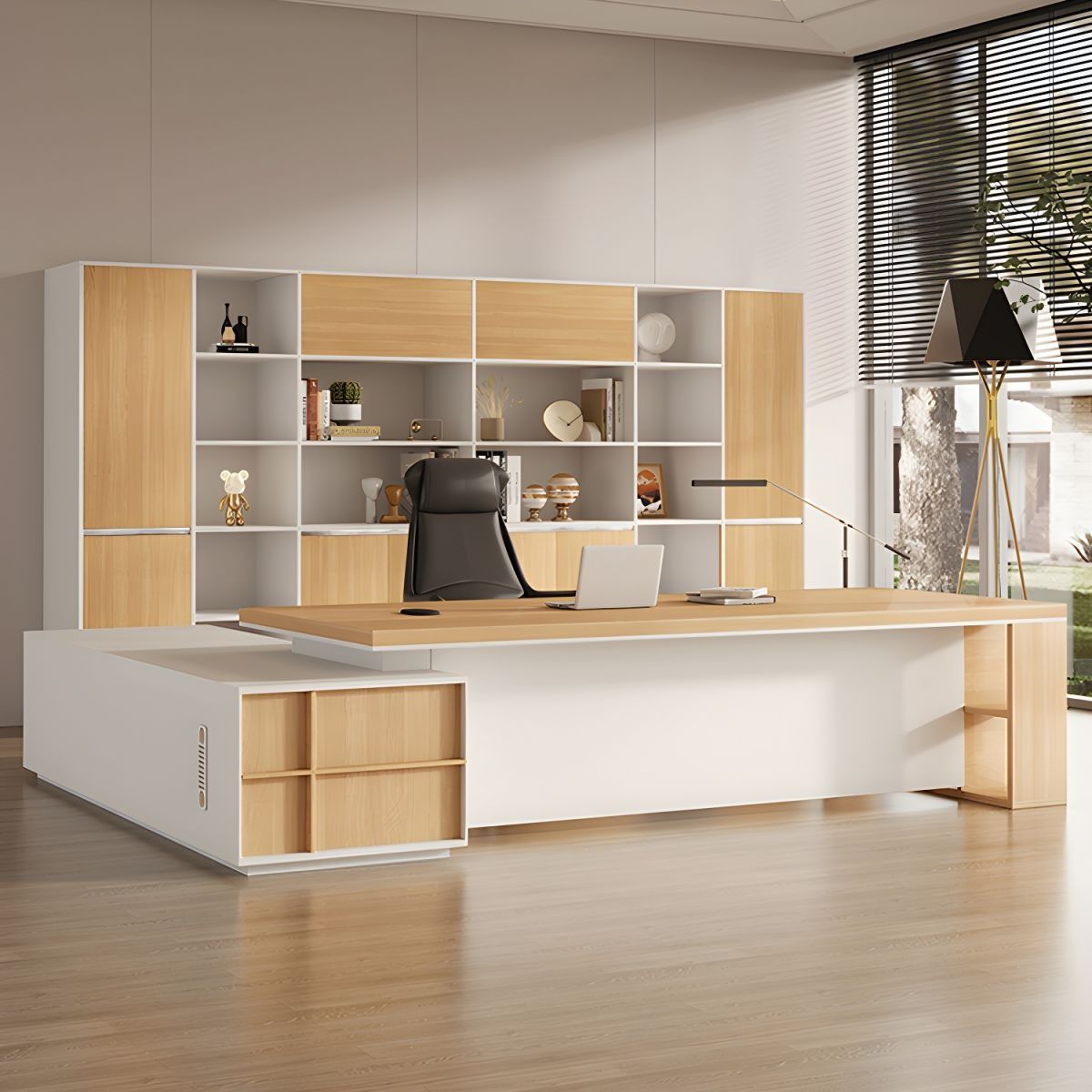 Modern White L-Shape Executive Desk with Pedestal Base and Cable Management thumbnail 2