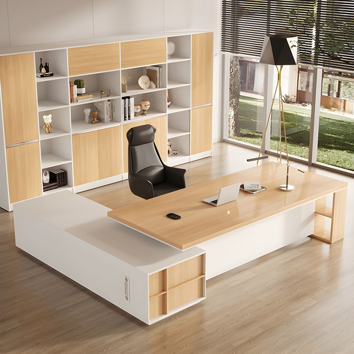 Modern White L-Shape Executive Desk with Pedestal Base and Cable Management thumbnail 3