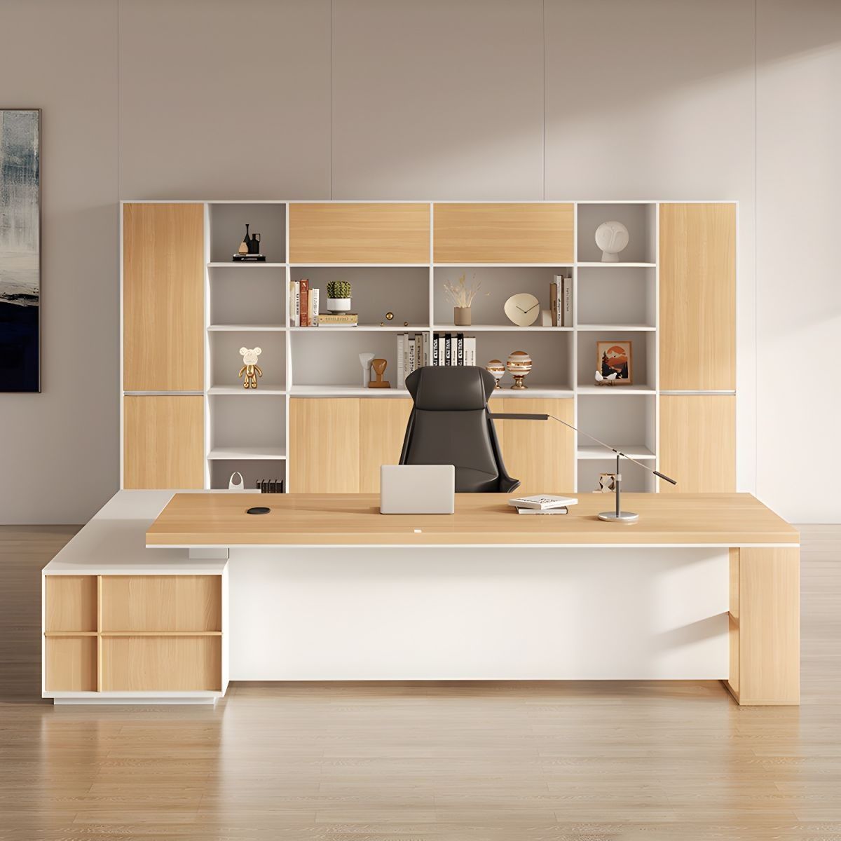 Modern White L-Shape Executive Desk with Pedestal Base and Cable Management thumbnail 4