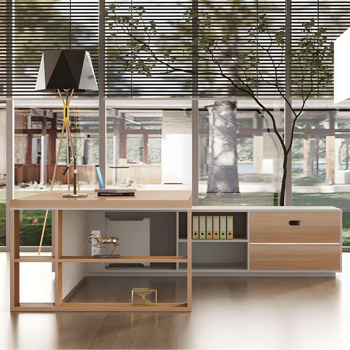 Modern White L-Shape Executive Desk with Pedestal Base and Cable Management thumbnail 5