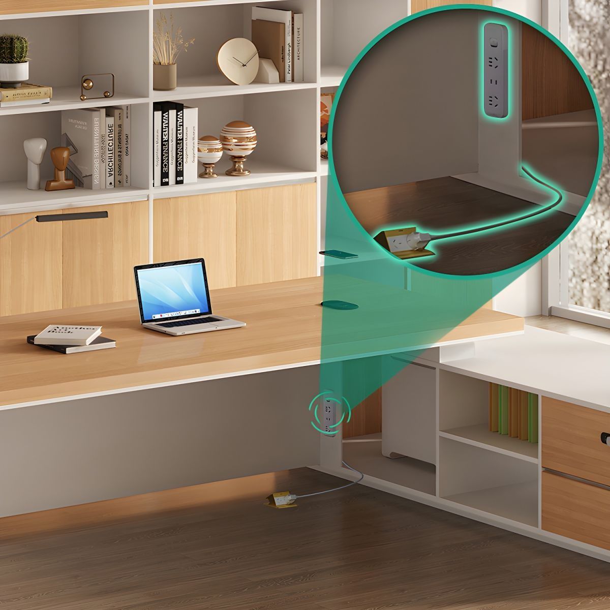 Modern White L-Shape Executive Desk with Pedestal Base and Cable Management thumbnail 8